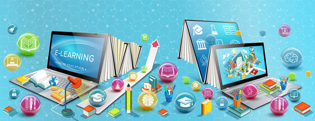 Two laptops like books. The concept of learning. Online education. Illustration