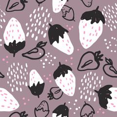 Seamless vector pattern of decorative strawberries. Berry background. Doodle style pattern. Cartoon style illustration