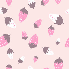 Seamless vector pattern of decorative strawberries. Berry background. Doodle style pattern. Cartoon style illustration