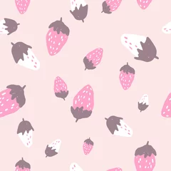Muurstickers Seamless vector pattern of decorative strawberries. Berry background. Doodle style pattern. Cartoon style illustration © Xeniia_arts