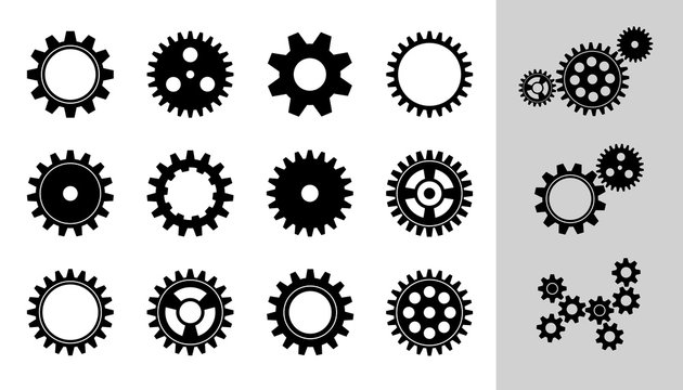 Vector Machine Cogwheel Collection. Set Of Gear Wheels And Cogs, Flat Icons In Black And White, Different Configuration. Clockwork Round Details. Gears Can Be Combined Into Mechanism By Changing Size.