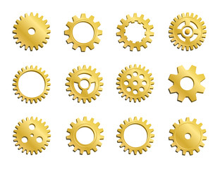 Vector Clockwork Cogwheel Collection. Set Of Gold Gear Wheels And Cogs, Golden Volumetric Icons, Different Configuration, Round Mechanic Details. Gears Can Be Combined Into Mechanism By Changing Size.