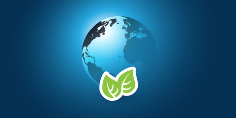 Blue Global Eco Concept Design Layout - Green Leaves and Earth Globe - Vector Template