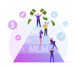 MLM. Multi Level Marketing Business Concept with People Stand on Different Levels of Finance Pyramid, Happy Man on Top Holding Money Bills. Enrichment Fraud Scheme Cartoon Flat Vector Illustration