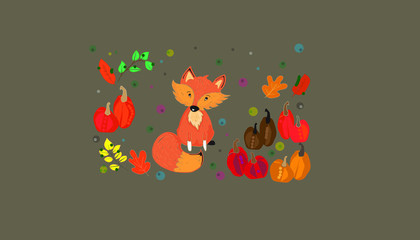 Happy thanksgiving day card. Cute fox and pumpkins. Autumn warm palette. Orange and yellow colors. Falling leaves frame. Little cartoon foxy sitting character. Postcard or banner for season greeting