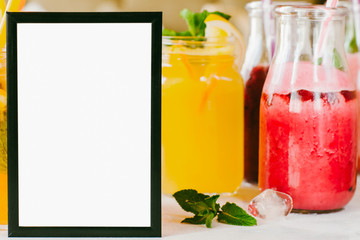 Homemade lemonade recipe. Natural vitamin drink. White ingredient list mockup in picture frame.