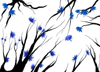 tree branch with blue flower illustration on white background 
