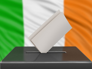 Ballot box with Irish flag on background 