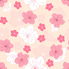 Fototapeta premium Romantic floral pattern background with hand drawn cherry blossoms. Japanese sakura pattern background. Great for wallpaper, gifts, textile, wedding or valentine's day card, invitation.