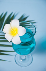 Exotic tropical Blue Curacao cocktail drink in a glass with Plumeria frangipani flower, palm leaf on the background.