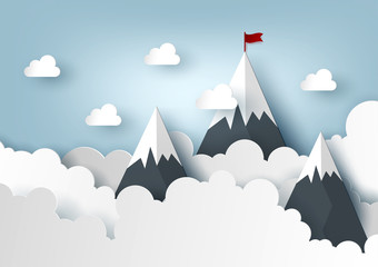 Paper art and craft of business concept with landscape and flying airplane on the sky over the cloud and mountain. Vector illustration eps10.