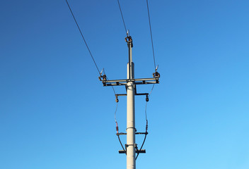 Electrical network of high voltage. Transportation of electricity through the high-voltage line. Metal tower with wires and cables. Clean country energy. Energy security. Work at height. Training matt