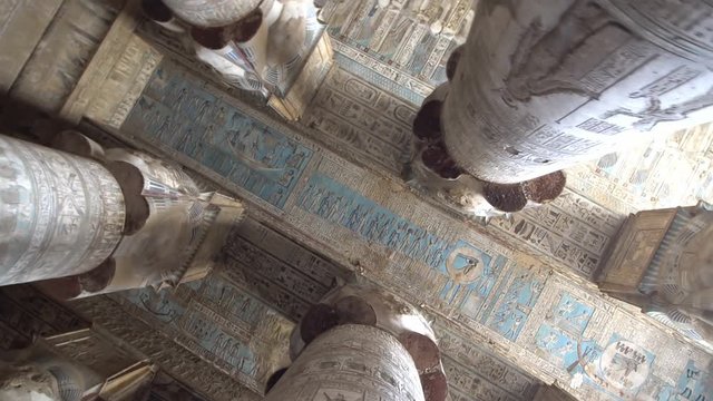 Interior of Dendera temple or Temple of Hathor. Egypt. Dendera, Denderah, is a small town in Egypt. Dendera Temple complex, one of the best-preserved temple sites from ancient Upper Egypt.