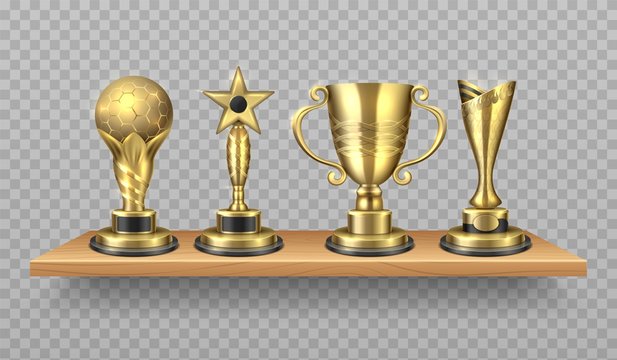 Golden Trophy. Realistic Bookshelf With Sport Victory Symbols. Library Wooden Shelf With Shiny Award Gold Cups. Vector Illustration Gold Cup On Realistic Bookshelf