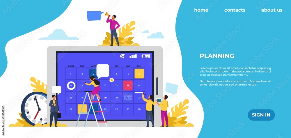 Aufkleber Schedule landing page. Time management, office work events and meetings. Vector web page with entrepreneurship or schedule training planning events