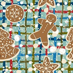 Cute Winter Seamless Pattern with gingerbread cookies.