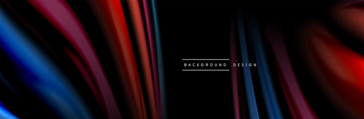 Fototapeta premium Silk and smooth flow wave poster design. Color waves, liquid style lines and shapes in black color background