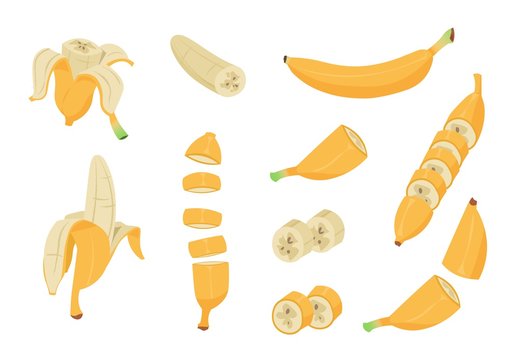 Cartoon banana. Healthy tropical fruit, banana peel, single and peeled design clip art elements. Vector collection images single vegan nutrition isolated set