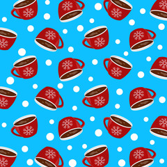 Vector pattern with Christmas mugs and snow. Can be used for wallpaper, pattern fills, web page background, surface textures, gifts. Creative cup texture for winter holidays.