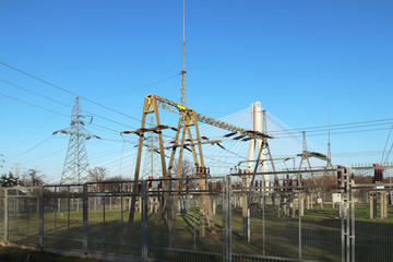High voltage power transformer substation. Electrical station
