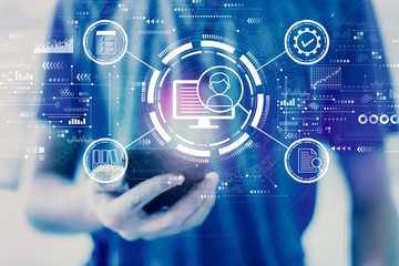 Document management system concept with young man using a smartphone