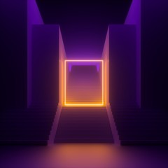 3d render, abstract modern minimal violet background, yellow neon light glowing square, blank rectangular frame. Empty staircase perspective, architectural portal entrance. Futuristic urban concept