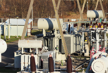 High voltage power transformer substation. Electrical station