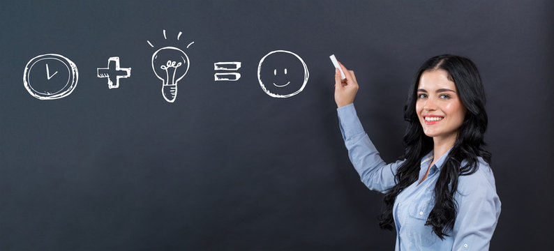 Time plus idea equals happy with young woman writing on a blackboard
