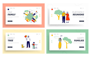 Obraz na płótnie Canvas Happy Family on Earth Globe Website Landing Page Set. Old Man and Woman Relations, Mother Father and Little Kids Walk Together on Weekend Web Page Banner. Cartoon Flat Vector Illustration, Line Art