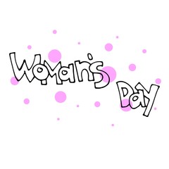 Minimalistic woman’s Day text design with pink circles on white background. Vector illustration. Woman’s Day greeting calligraphy design. Template for a poster, cards, banner. Simple lettering