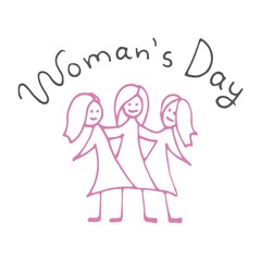 Minimalistic woman’s Day text design with pink girls on white background. Vector illustration. Woman’s Day greeting calligraphy design. Template for a poster, cards, banner. Isolated lettering