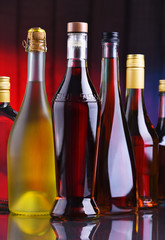 Bottles of assorted alcoholic beverages.