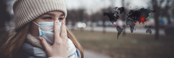 MERS-CoV Chinese infection Corona Virus masked girl on the background of the city in smog, the concept of the epidemic of the virus in China
