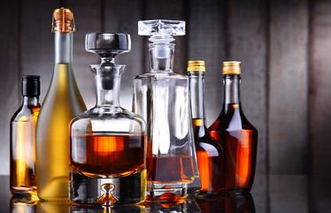 Bottles of assorted alcoholic beverages.