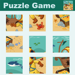 Puzzle for kids featuring a diver and pirate chest.  Match pieces and complete the picture. Activity for children. Vector illustration.
