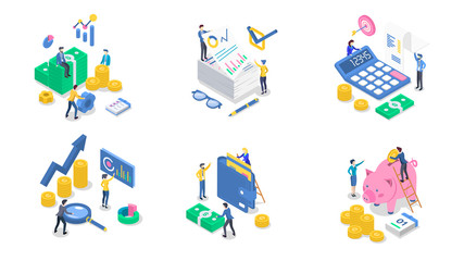 Accounting and audit isometric color vector illustration set. Business analytics and planning. Salary payment. Saving money. Banking. Bookkeeping. Investment. 3d concept isolated on white background