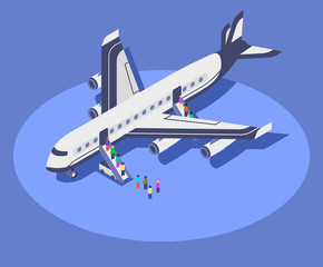 Commercial airplane isometric color vector illustration. Flight passengers boarding plane 3d concept isolated on blue background. Airline company transport. international tourism, airway travel
