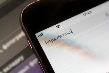 macro view of the search tab on device screen with pixels, http browser network