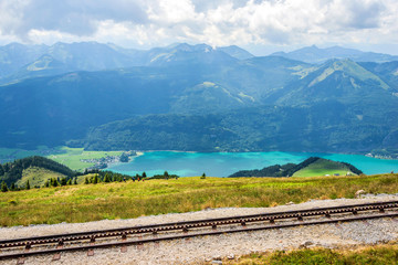 Panoramic view from Schafberg monutain to Wolfgangsee, Austrian Alps, next to Sankt Wolfgang im Salzkammergut