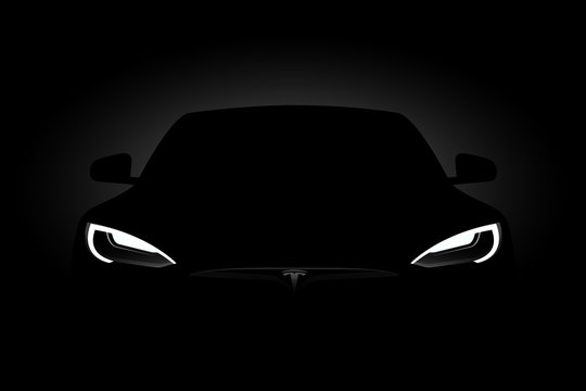 Headlights of black Tesla Model S in the dark. Vector illustration EPS 10	