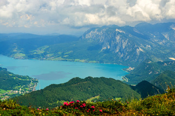 Naklejka na ściany i meble Panoramic view from Schafberg monutain to lake Attersee, Austrian Alps, next to Sankt Wolfgang im Salzkammergut