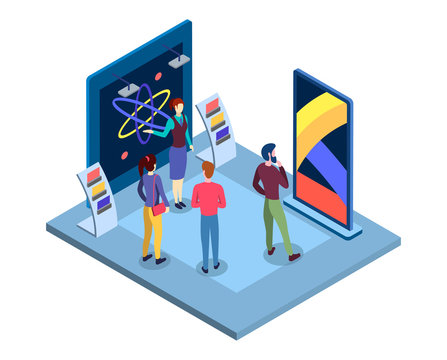 Scientific museum isometric vector illustration. Science fair presentation, tradeshow promoter and visitors flat characters. Commercial exposition, tradeshow exhibition place 3d interior