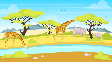 African conservation flat vector illustration. Giraffes and elephants near watering place. River streaming through savannah. Green landscape. Panoramic scenery. South animals cartoon characters