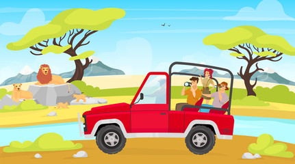 Fototapeta na wymiar African expedition flat vector illustration. Savannah with river. Tourist group in car photograph lion family. Woman and man photograph creatures. Animals and people cartoon characters