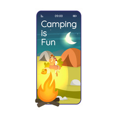Camping is fun cartoon smartphone vector app screen. Overnight stay in wilderness. Mobile phone displays with flat character design mockup. Expedition site application telephone cute interface