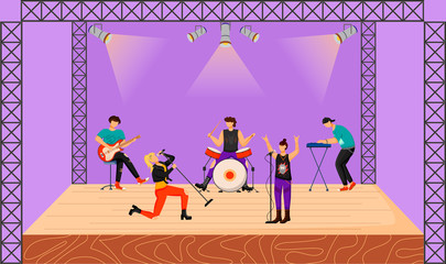 Punk rock band flat vector illustration. Music group with two vocalists performing at concert. Musicians playing together on stage. Live musical performance. Festival. Cartoon characters