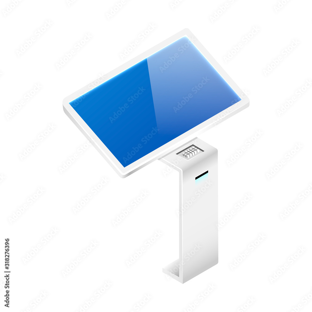Poster digital signage software isometric vector illustration. sensor information kiosk flat color object. 