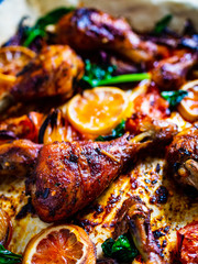 Sheet-pan barbecue chicken drumsticks with roast vegetables