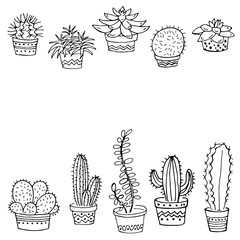 Set of cactus in a pot with space for text on a white background. Doodle. Vector illustration. Perfect for coloring book, greeting card, print.