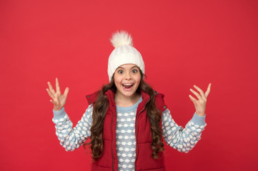New collection. weather forecast. high quality knitwear. feeling warm and happy. cheerful child in cosy knitted outfit. winter fashion for kids. childhood happiness. happy winter holiday and activity